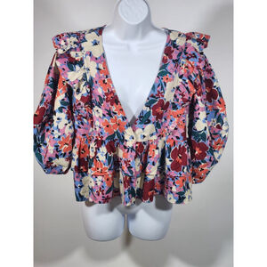 Women's Boho KARLIE Floral Cropped Ruffled Blouse L Pink Blue Cottagecore